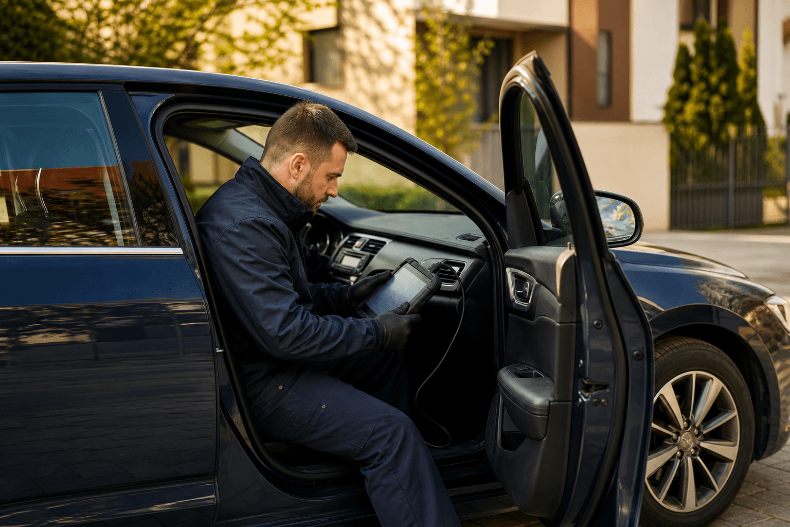 Tehnician auto care conectează echipament de diagnoză la o mașină aflată la locația clientului