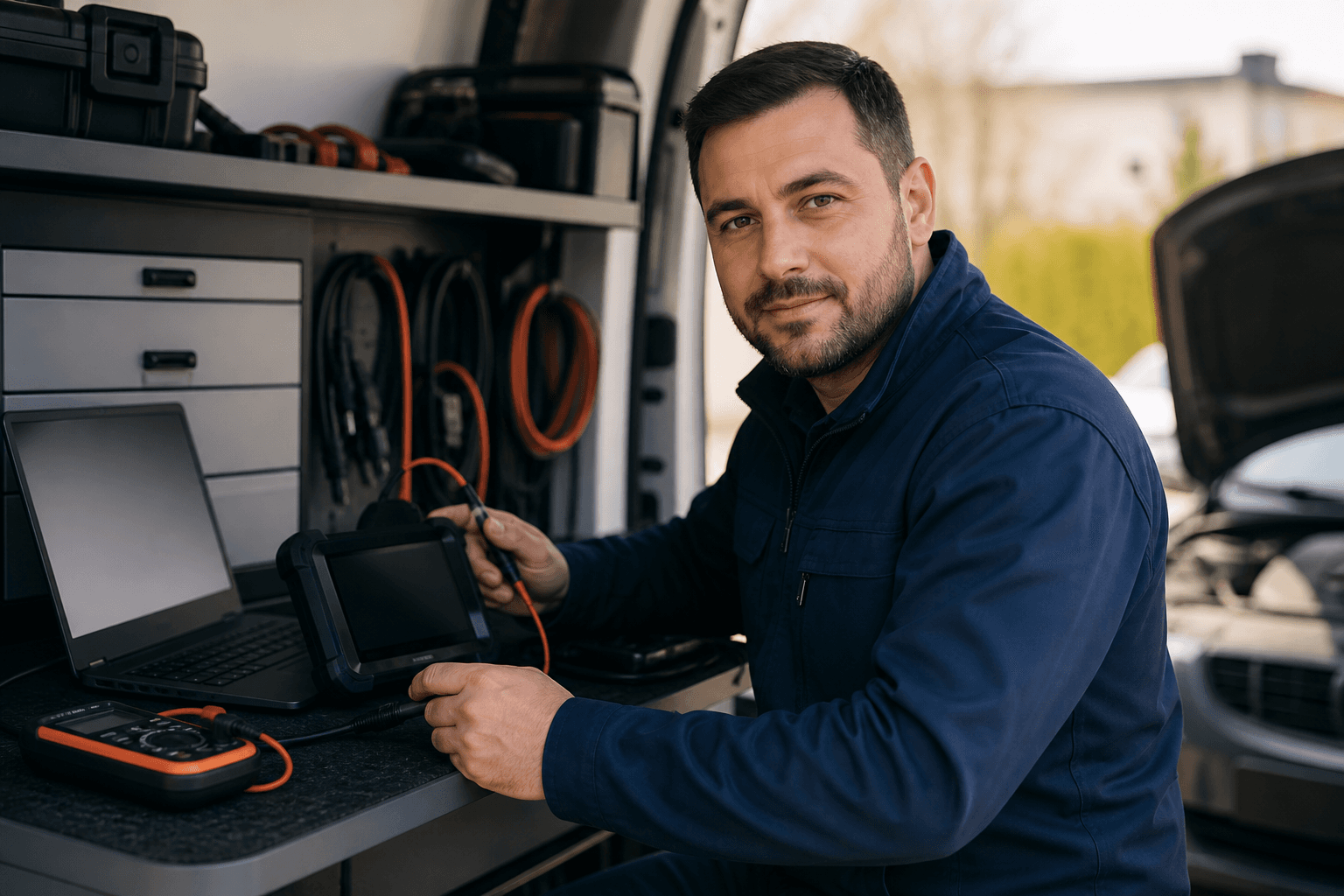 Portret profesional al electricianului auto care realizează diagnoza mobilă